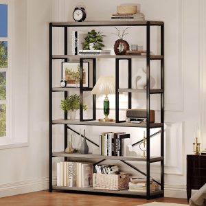 6 Tier Tall Bookshelf, Modern Large Wide Book Rack Storage, Open Display Book Shelf Organizer for Bedroom Living Room Office Grey