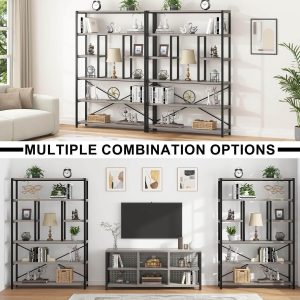 6 Tier Tall Bookshelf, Modern Large Wide Book Rack Storage, Open Display Book Shelf Organizer for Bedroom Living Room Office Grey