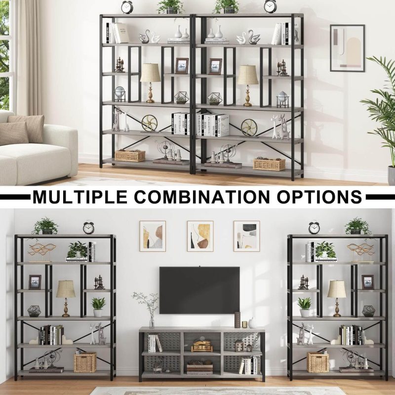 6 Tier Tall Bookshelf, Modern Large Wide Book Rack Storage, Open Display Book Shelf Organizer for Bedroom Living Room Office Grey