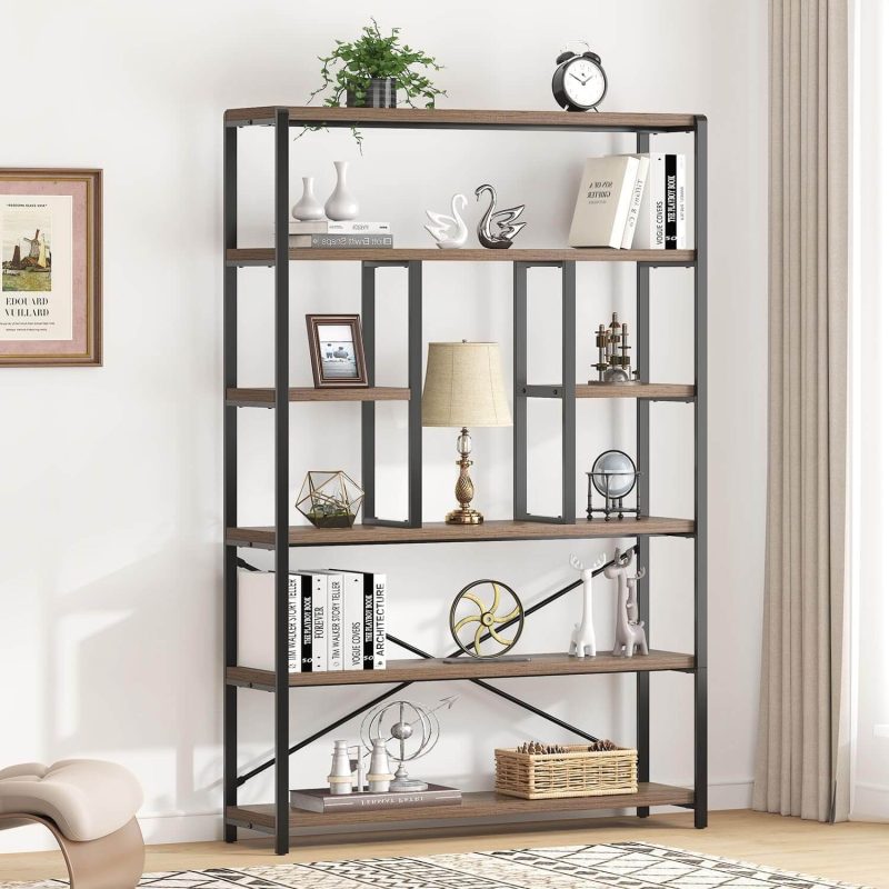 6 Tier Tall Bookshelf, Modern Large Wide Book Rack Storage, Open Display Book Shelf Organizer for Bedroom Living Room Office Oak