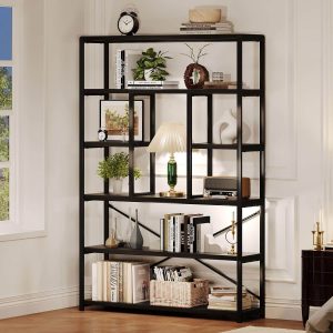 6 Tier Tall Bookshelf, Modern Large Wide Book Rack Storage, Open Display Book Shelf Organizer for Bedroom Living Room Office Black