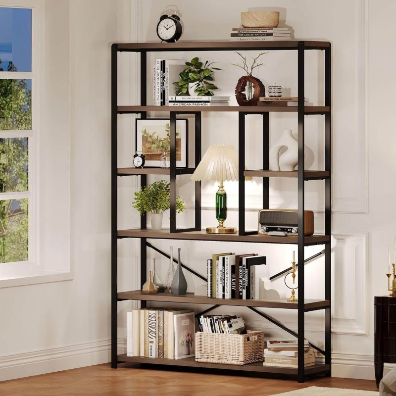 6 Tier Tall Bookshelf, Modern Large Wide Book Rack Storage, Open Display Book Shelf Organizer for Bedroom Living Room Office Oak