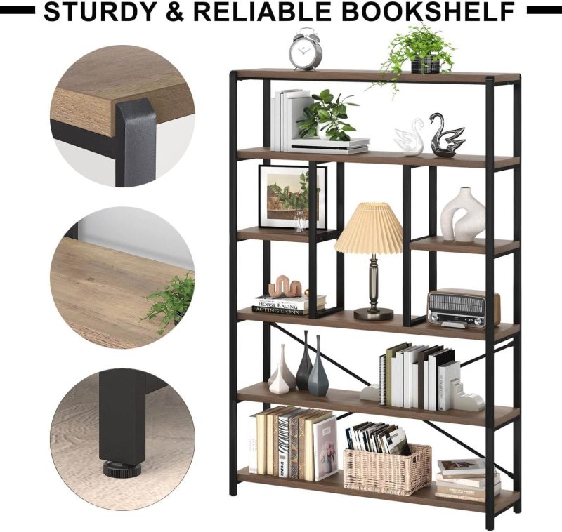 6 Tier Tall Bookshelf, Modern Large Wide Book Rack Storage, Open Display Book Shelf Organizer for Bedroom Living Room Office Oak