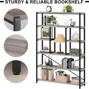 6 Tier Tall Bookshelf, Modern Large Wide Book Rack Storage, Open Display Book Shelf Organizer for Bedroom Living Room Office Grey