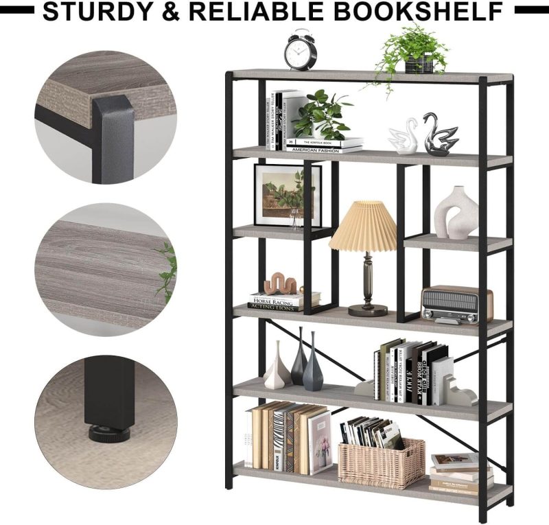 6 Tier Tall Bookshelf, Modern Large Wide Book Rack Storage, Open Display Book Shelf Organizer for Bedroom Living Room Office Grey