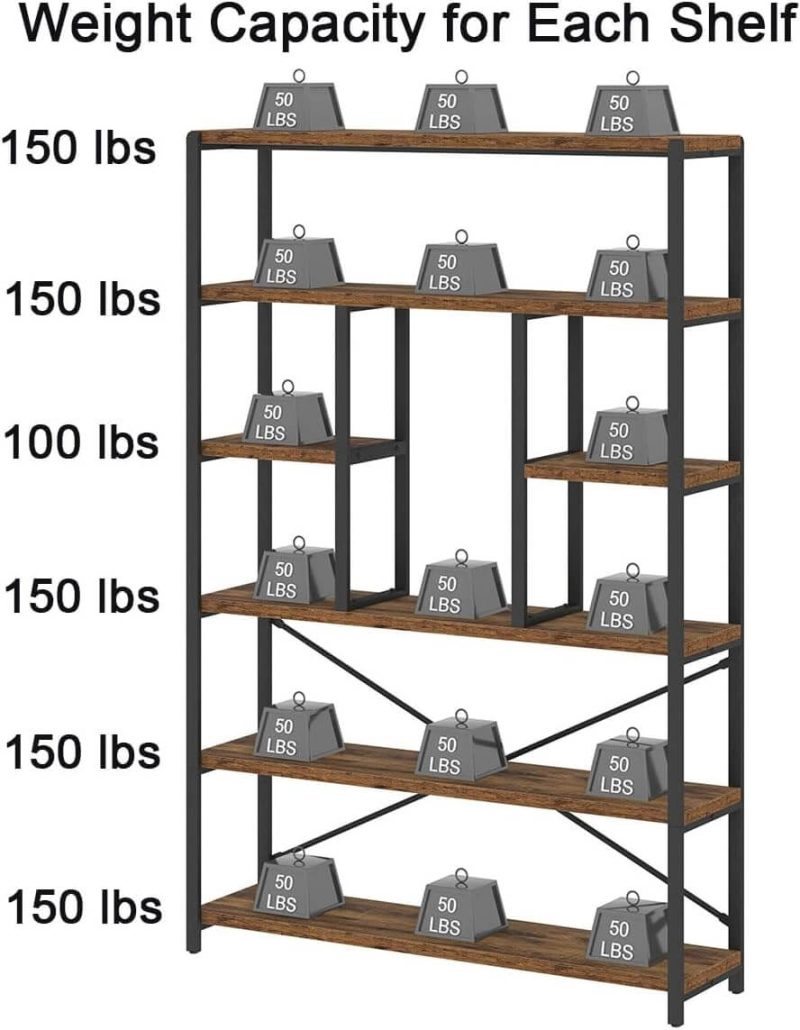 6 Tier Tall Bookshelf, Modern Large Wide Book Rack Storage, Open Display Book Shelf Organizer for Bedroom Living Room Office Brown
