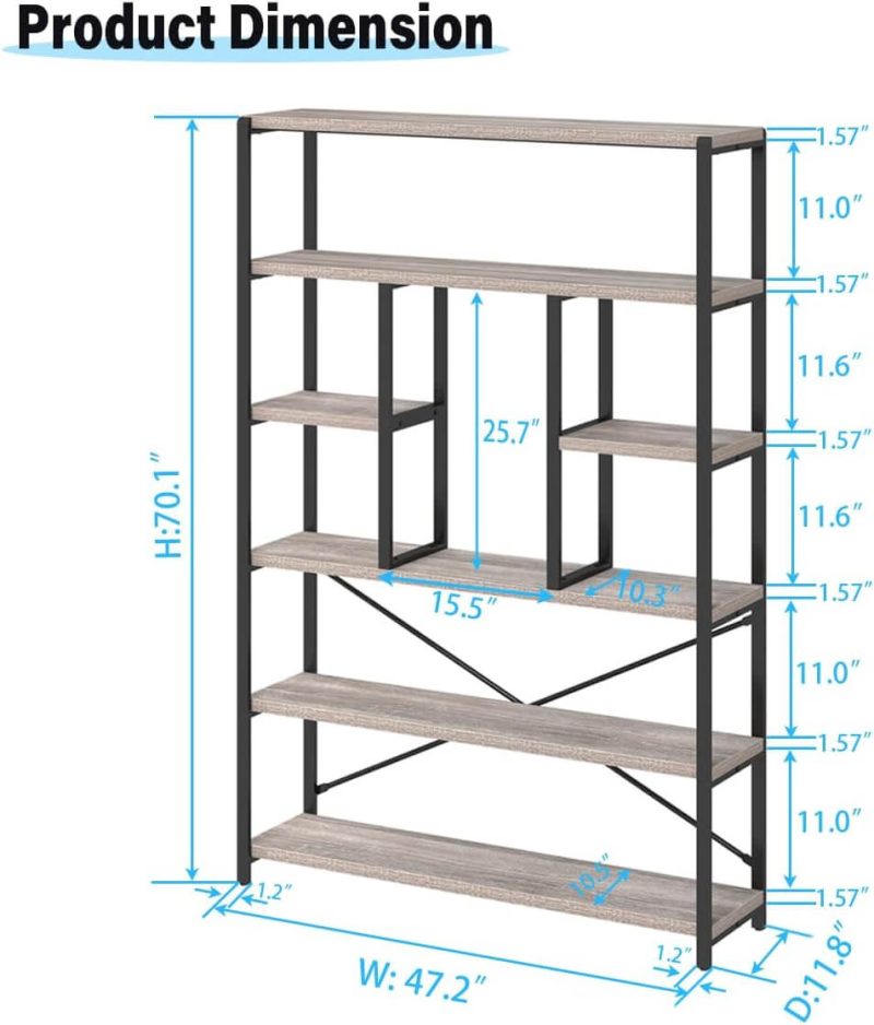 6 Tier Tall Bookshelf, Modern Large Wide Book Rack Storage, Open Display Book Shelf Organizer for Bedroom Living Room Office Grey