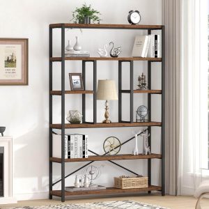 6 Tier Tall Bookshelf, Modern Large Wide Book Rack Storage, Open Display Book Shelf Organizer for Bedroom Living Room Office Brown
