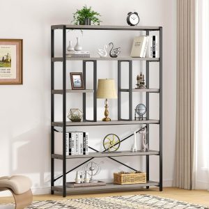 6 Tier Tall Bookshelf, Modern Large Wide Book Rack Storage, Open Display Book Shelf Organizer for Bedroom Living Room Office Grey