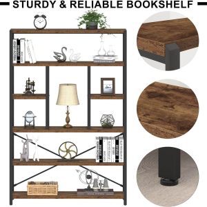 6 Tier Tall Bookshelf, Modern Large Wide Book Rack Storage, Open Display Book Shelf Organizer for Bedroom Living Room Office Brown