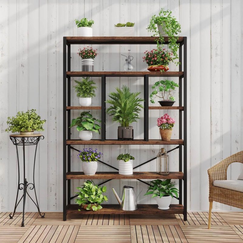 6 Tier Tall Bookshelf, Modern Large Wide Book Rack Storage, Open Display Book Shelf Organizer for Bedroom Living Room Office Brown