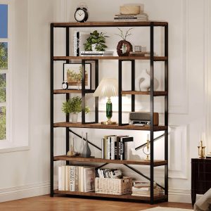 6 Tier Tall Bookshelf, Modern Large Wide Book Rack Storage, Open Display Book Shelf Organizer for Bedroom Living Room Office Brown