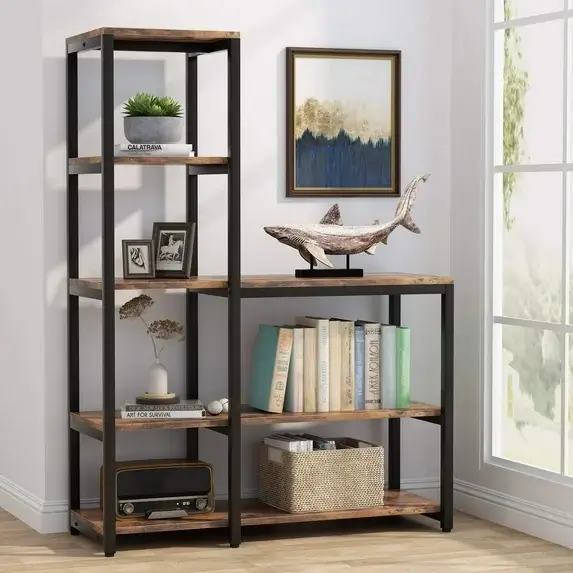 5-Tier Bookshelf, Ladder Conner Bookshelves Etagere Bookcase, 8 Shelves Display Rack Storage Shelf for Living Room and Office Brown