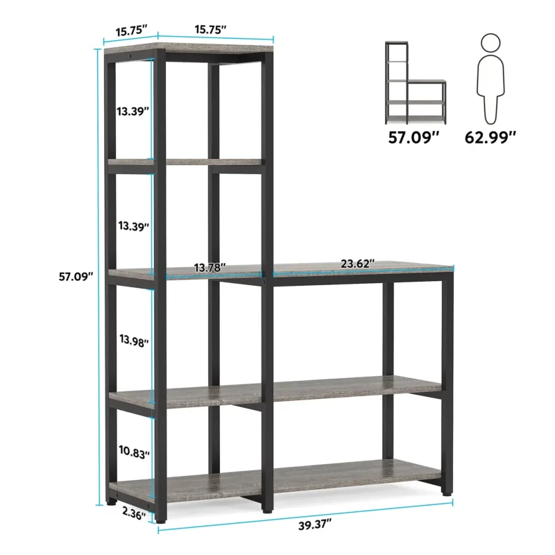 5-Tier Bookshelf, Ladder Conner Bookshelves Etagere Bookcase, 8 Shelves Display Rack Storage Shelf for Living Room and Office Gray