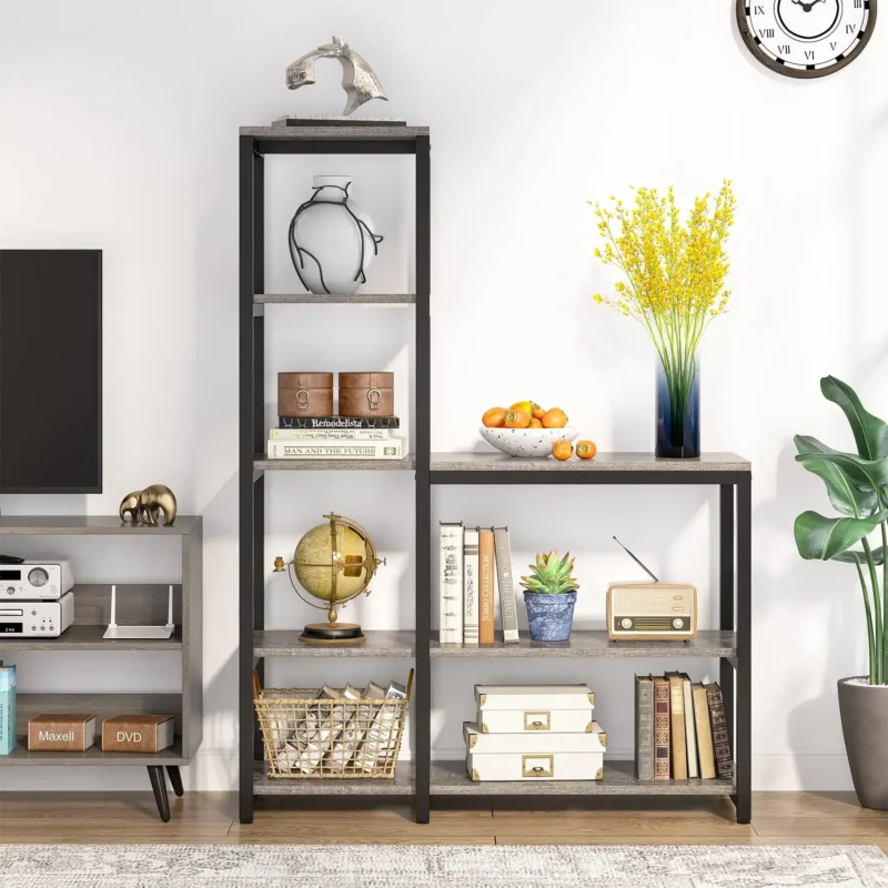 5-Tier Bookshelf, Ladder Conner Bookshelves Etagere Bookcase, 8 Shelves Display Rack Storage Shelf for Living Room and Office Gray