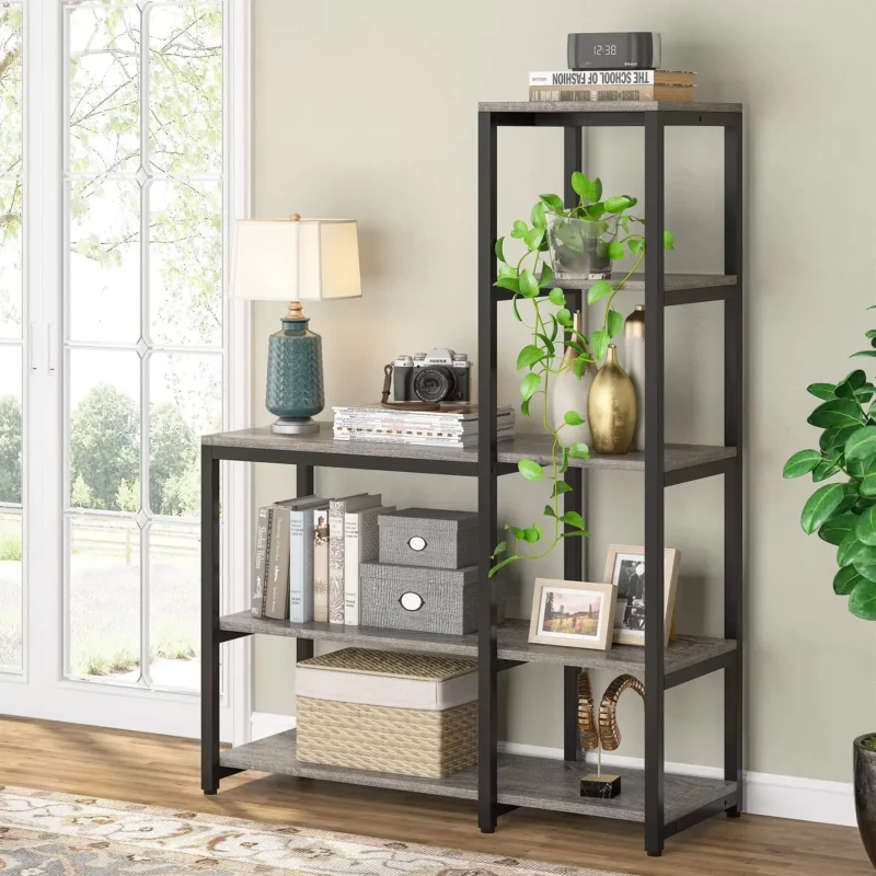 5-Tier Bookshelf, Ladder Conner Bookshelves Etagere Bookcase, 8 Shelves Display Rack Storage Shelf for Living Room and Office Gray